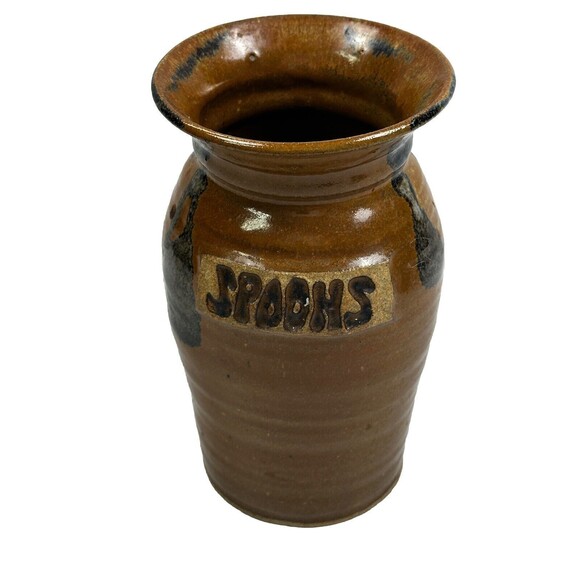 Vintage 1970's Spoon Utensil Holder Handmade Stoneware Pottery Earthen Ware, 7in - Picture 1 of 5
